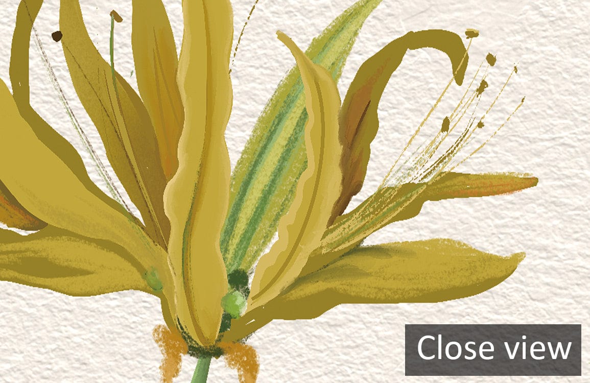 Close view of Vintage Botanical Floral Garden Mural Wallpaper in muted yellow, green shades.