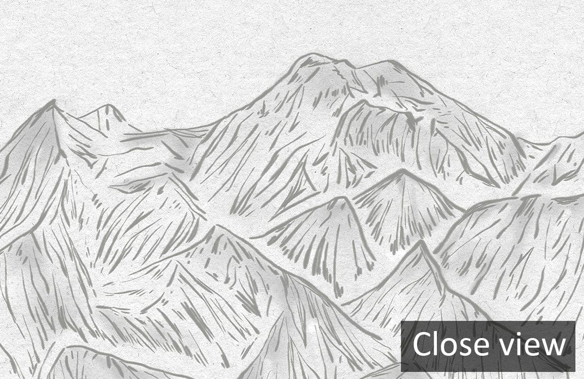 Close-up of Grey Mountain Sketch Wallpaper Mural, featuring elegant natural landscape design, home Décor.