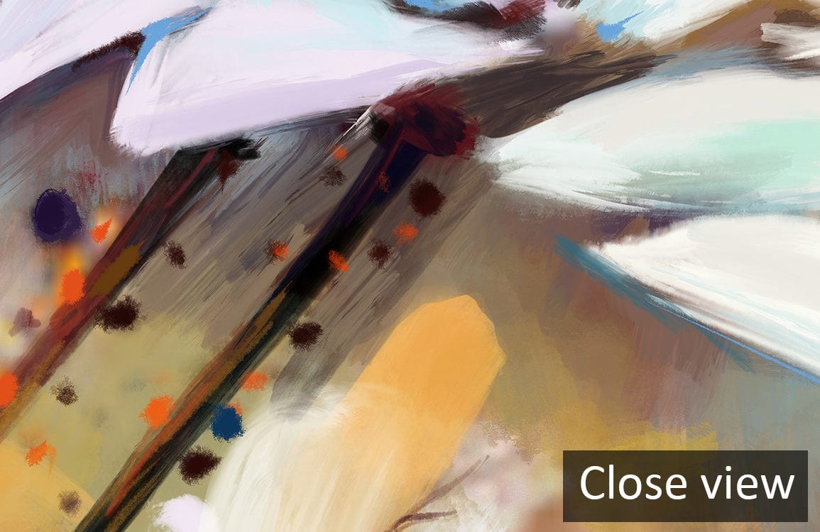 Elegant pastel floral abstract mural wallpaper featuring daisies and earthy tones, close-up view detail.