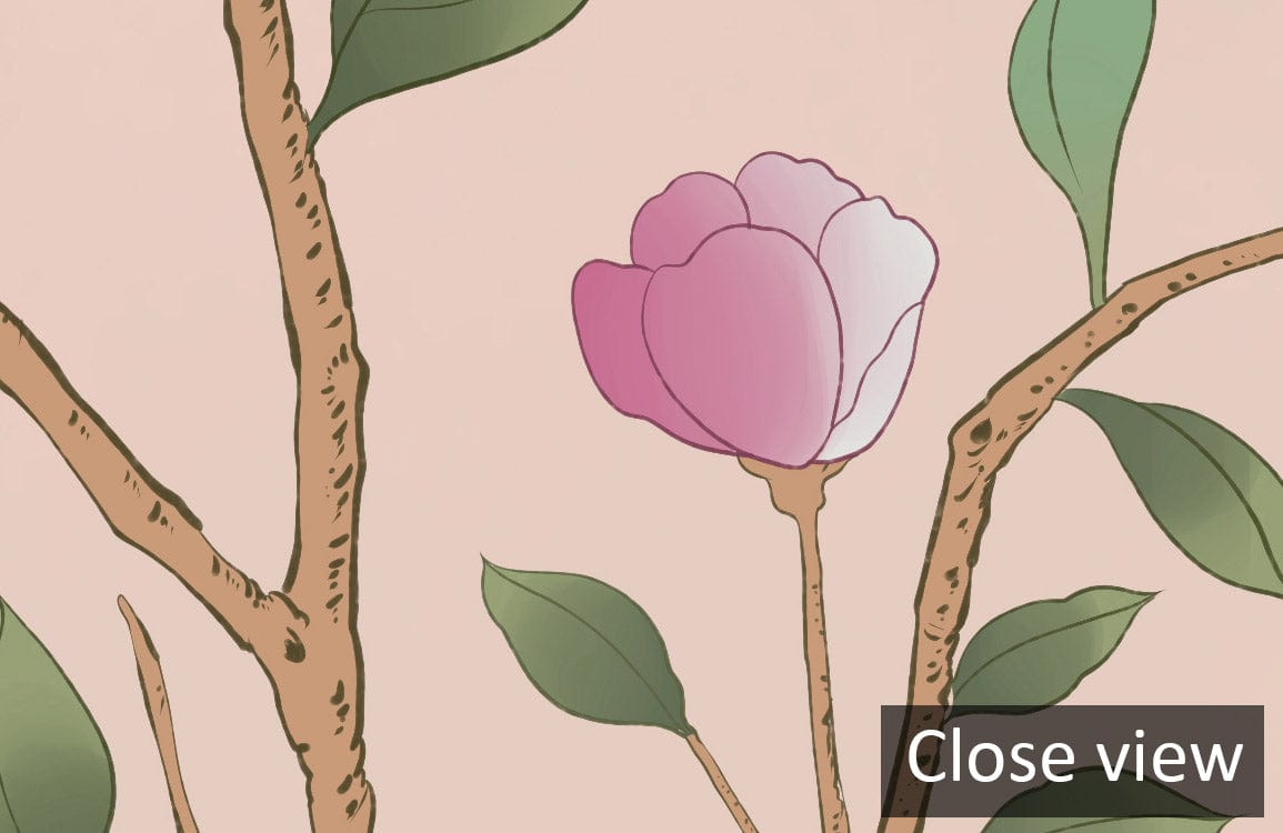 Close-up of Tranquil Forest Fauna mural wallpaper featuring pink flower and green leaves.