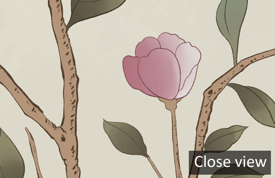 Close-up of Vintage Woodland Scene Mural with pink flower, green leaves, and branches on wallpaper.