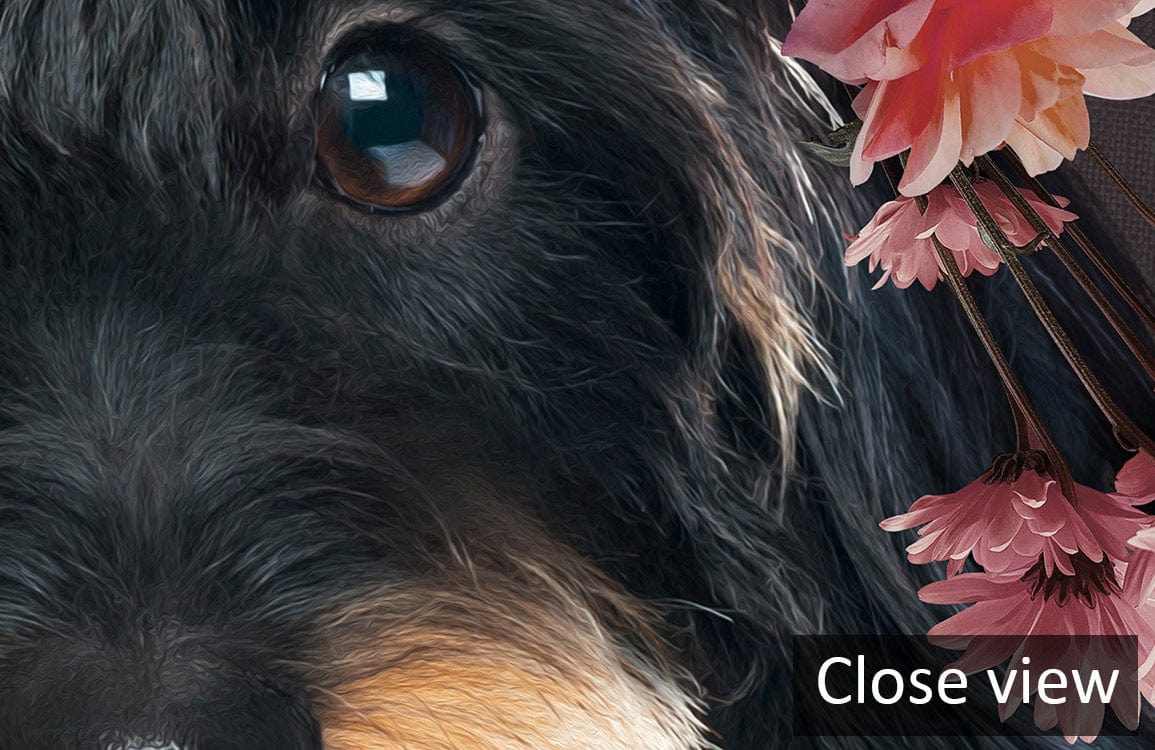 Close-up of Whimsical Canine Floral Crown wallpaper; detailed design, pink flowers, rustic, black background.