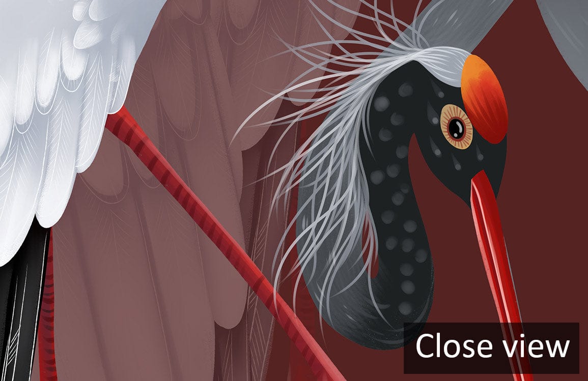 Close view of Elegant Crane Dance Pattern Rich Red Mural Wallpaper Décor. Detailed crane design.