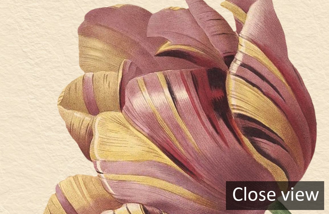 Close view of elegant vintage botanical floral mural wallpaper featuring pastel blooms on cream background.