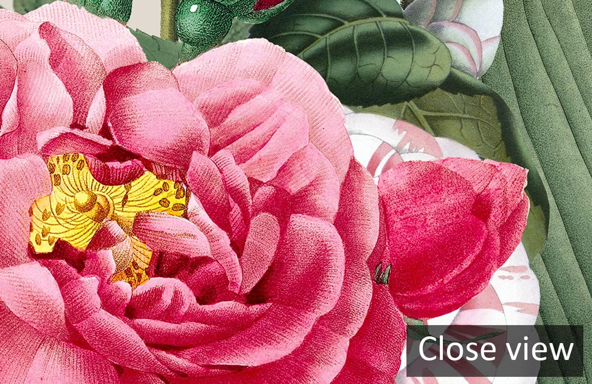 Close-up of Vintage Floral Garden Mural Wallpaper featuring vibrant flowers with lush green leaves.