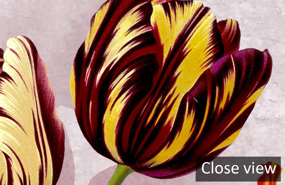 Close-up of vibrant Vintage Floral Mural Wallpaper, featuring bold red and pink flower patterns.