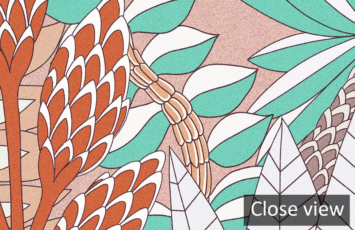 Close-up of Tropical Jungle Animals Colourful Mural Wallpaper, featuring exotic leaf patterns and vivid colours.