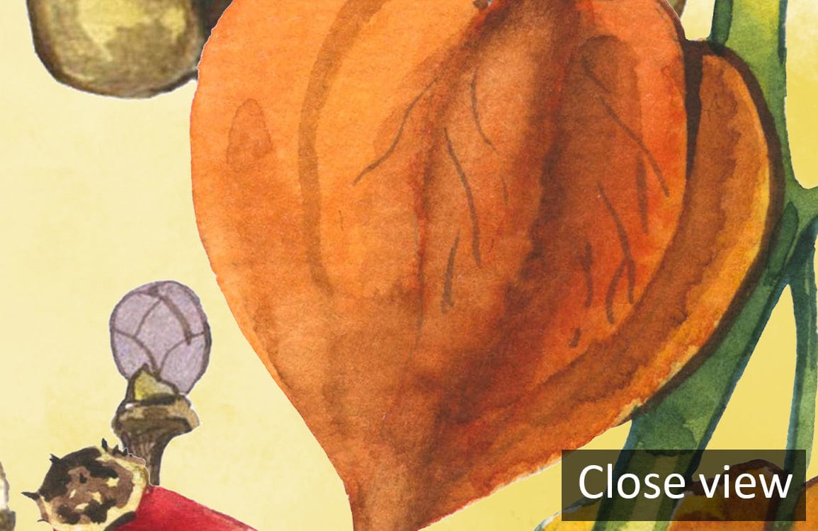 Close view of Vintage Autumn Floral Watercolour Mural Wallpaper in warm earthy tones with botanical details.