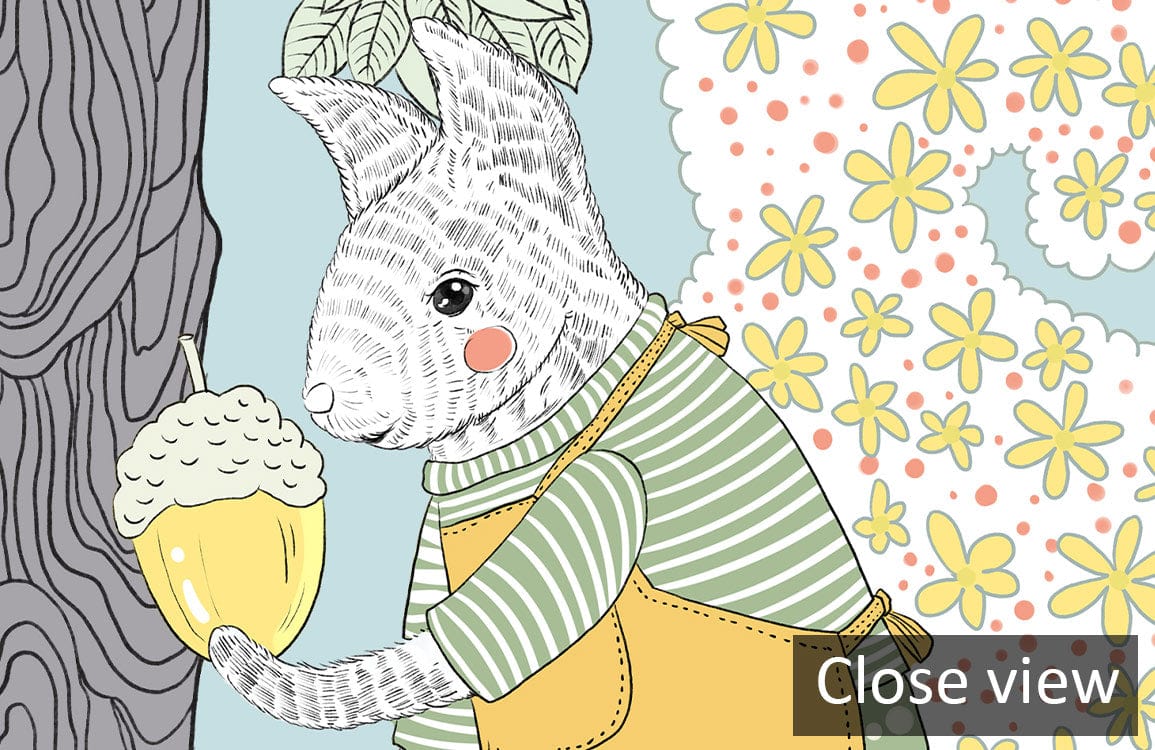 Enchanted Woodland Creatures pastel blue nursery wallpaper featuring cute animals, vibrant floral patterns.