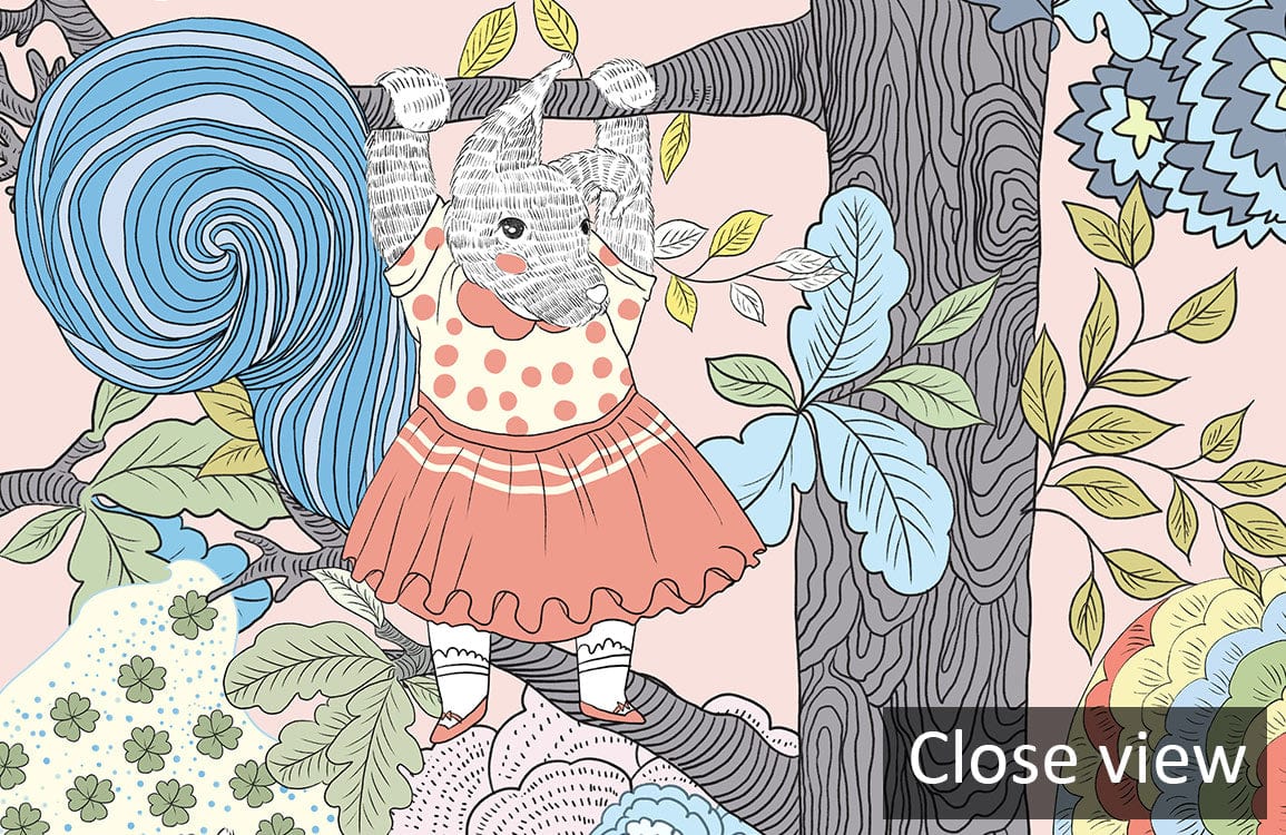 Whimsical Woodland Animals wallpaper with playful pastel patterns, perfect for nursery decor. Close view illustration.