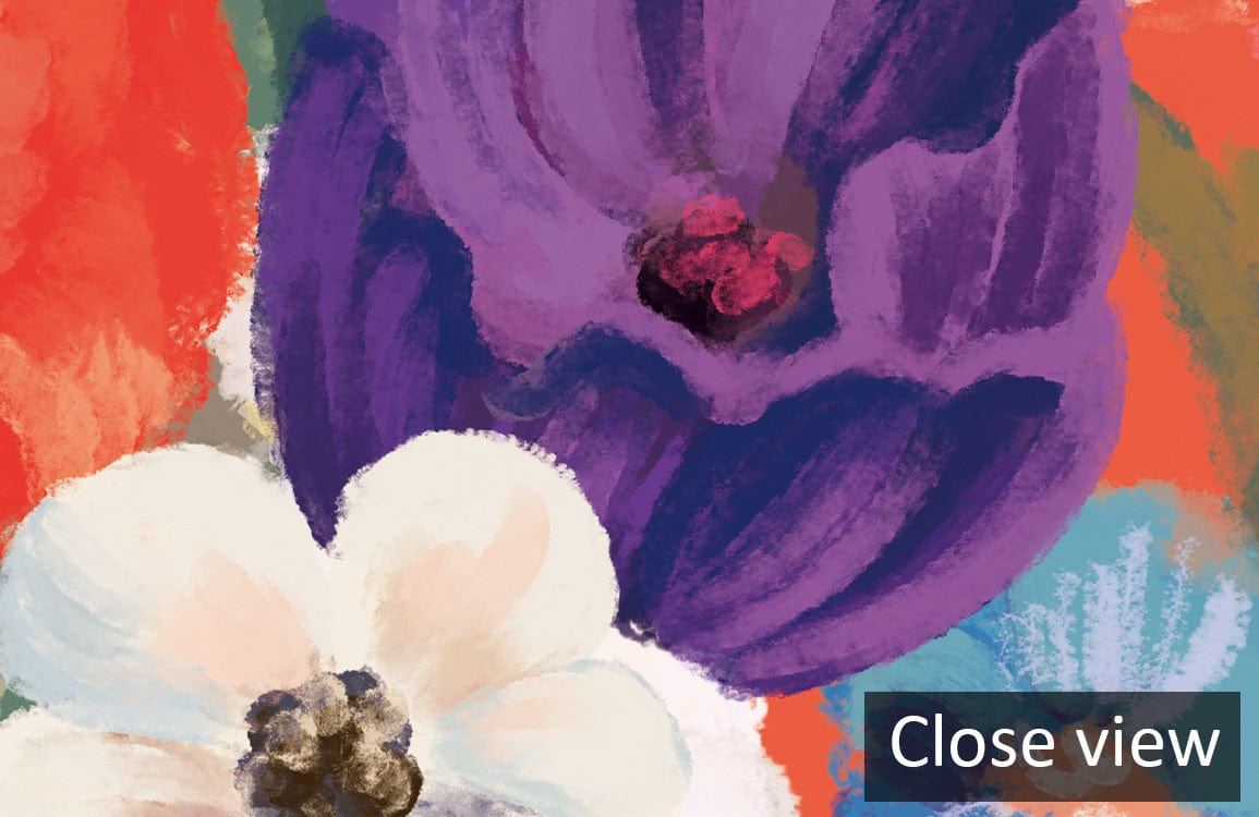 Close-up of Elegant Pastel Floral Garden Mural Wallpaper featuring vibrant brushstroke flowers and colours.