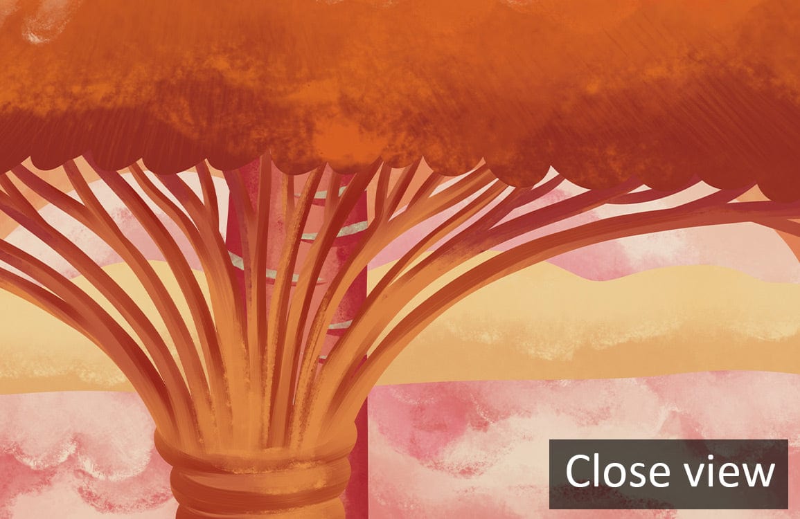 Close view of Sunset Glow Fantasy Trees Mural Wallpaper in pink and orange dreamscape.