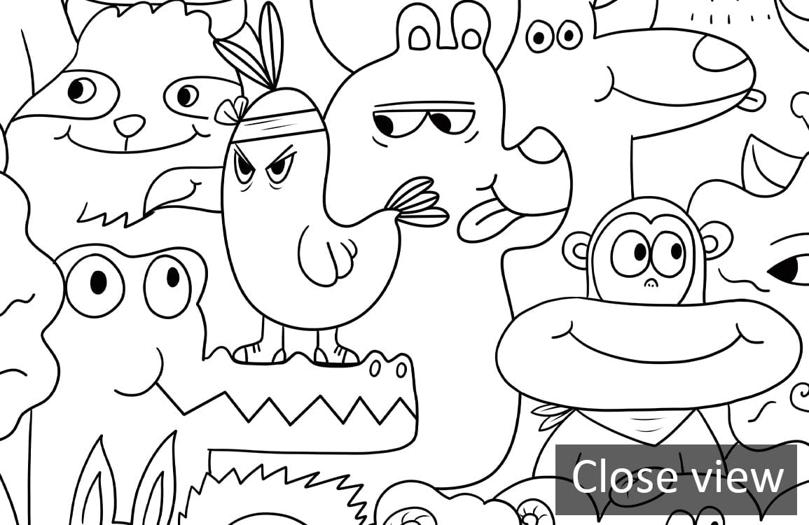 Monochrome doodle animal wallpaper, playful interior design, perfect for children's room decor. Close view.