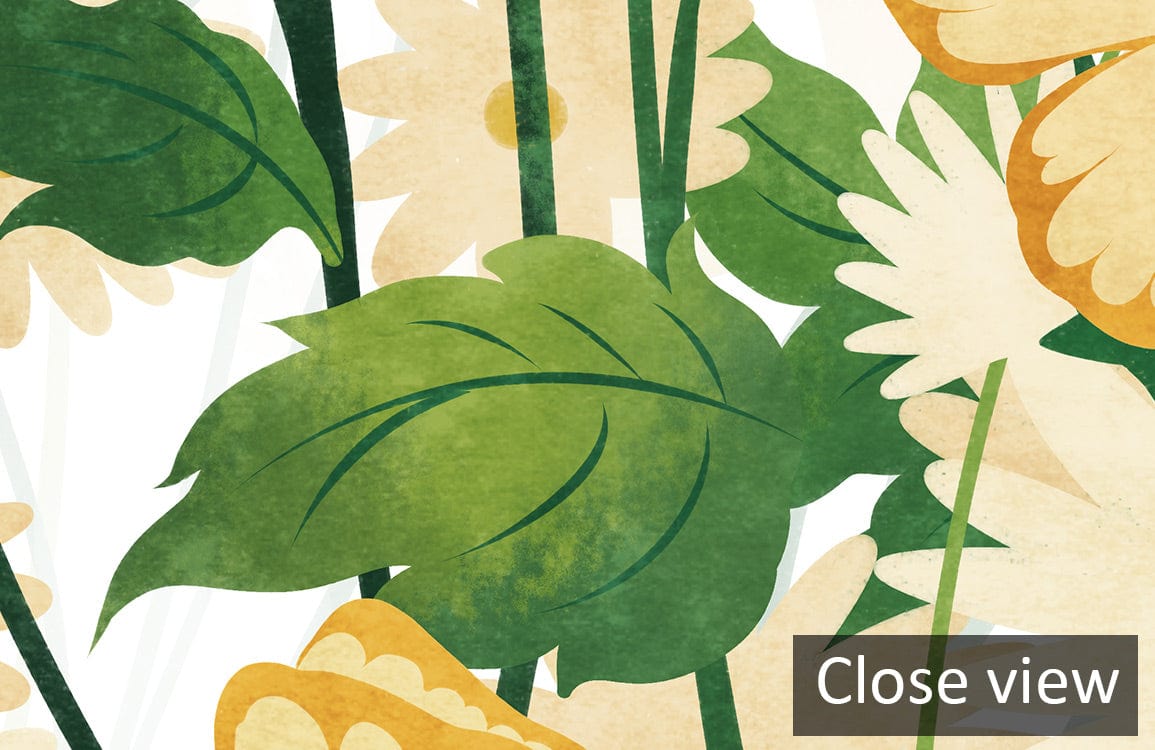 Close-up of Floral Meadow Delight Mural Wallpaper, featuring pastel yellow flowers and green leaves.