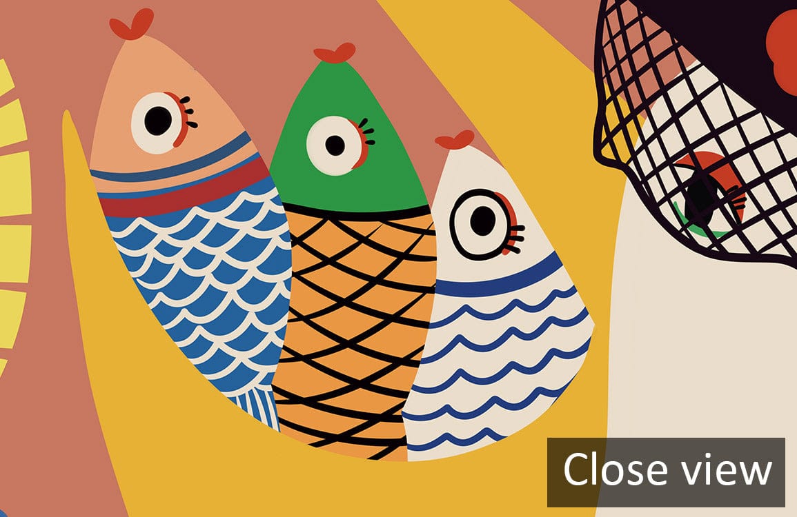 Close view of Whimsical Animal Band Mural Wallpaper featuring vivid fish patterns, playful festive design.