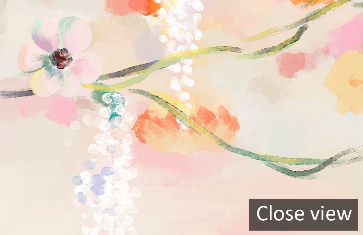 Close-up of vibrant watercolour floral garden mural wallpaper with colourful nature-inspired artistic design.