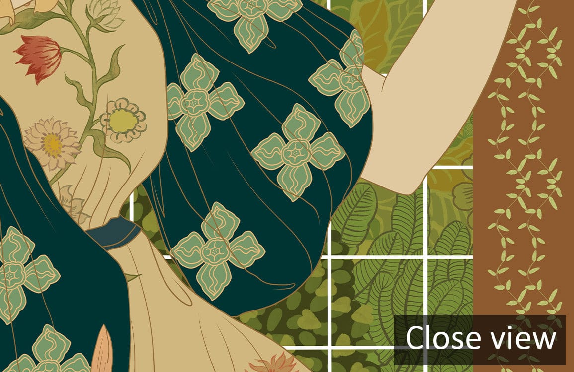 Close-up of elegant Art Nouveau style floral mural wallpaper in green tones, featuring vintage lady design.