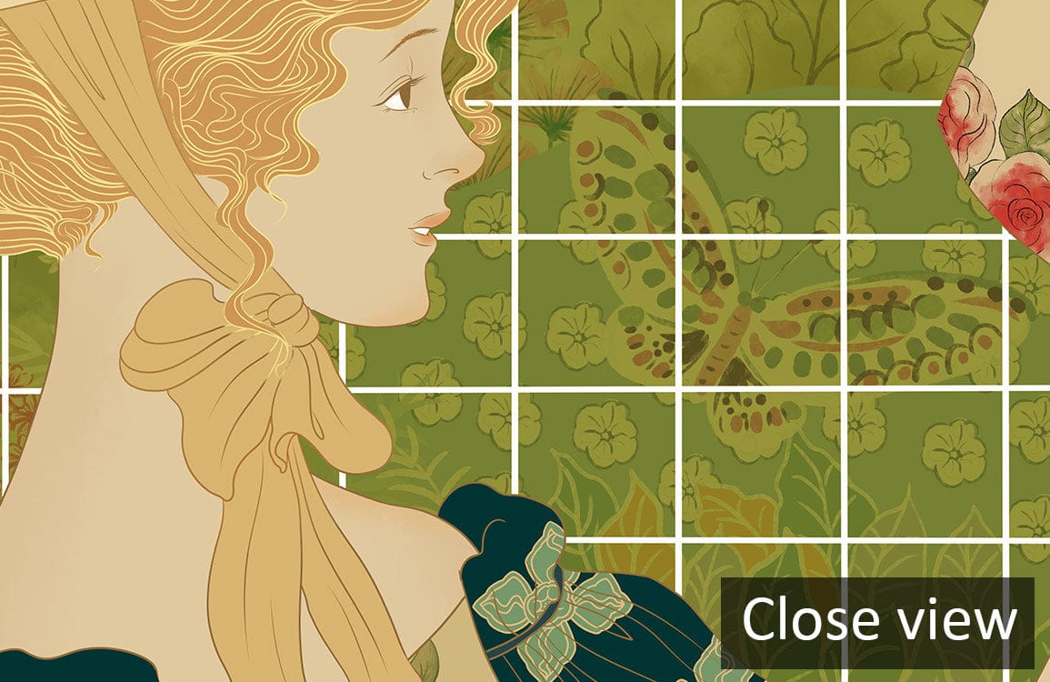Victorian Elegance Floral Mural Wallpaper in rich green and gold tones, artistic female figure detail.