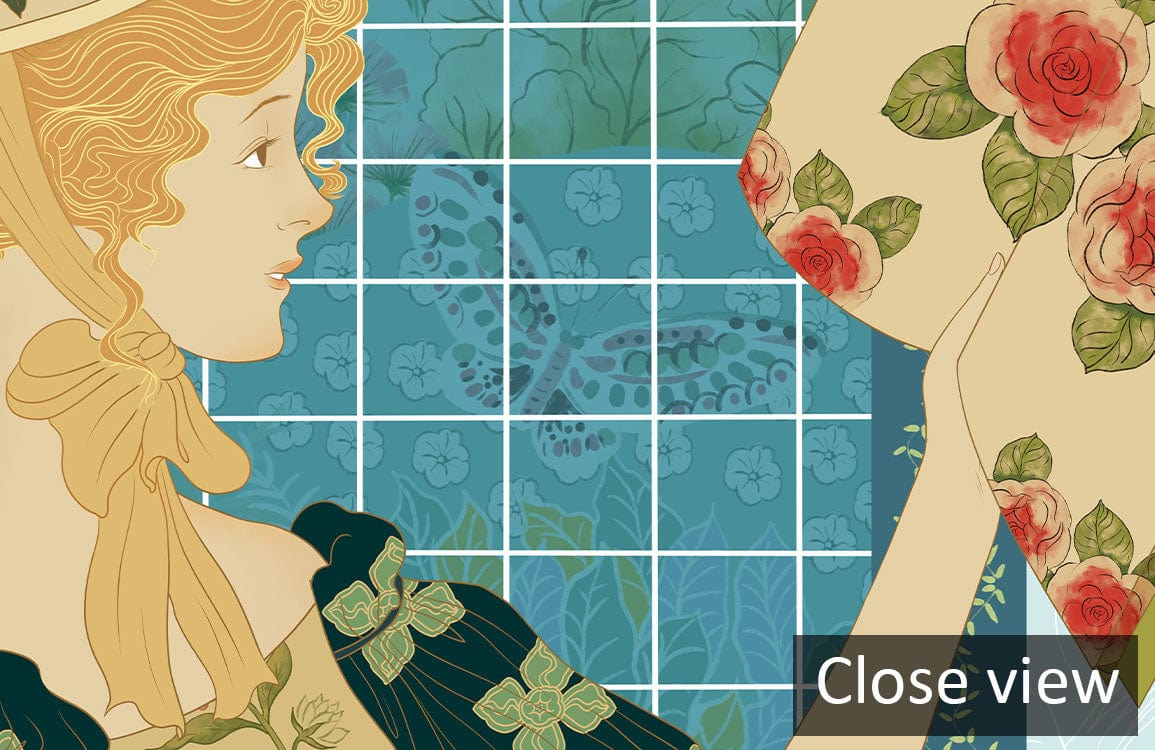 Vintage Floral Lady Wallpaper Mural in pastel hues with elegant blue-green floral art, wall close-up.