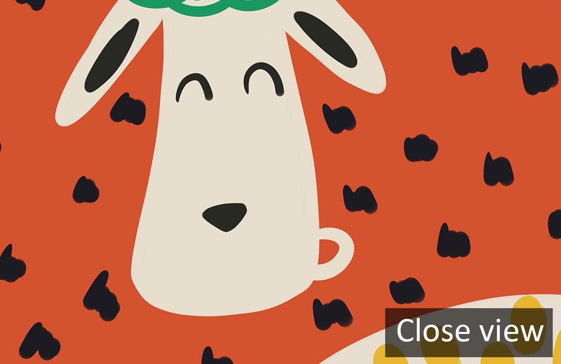 Colourful whimsical sheep pattern wallpaper for kids' rooms, featuring playful design on orange background.