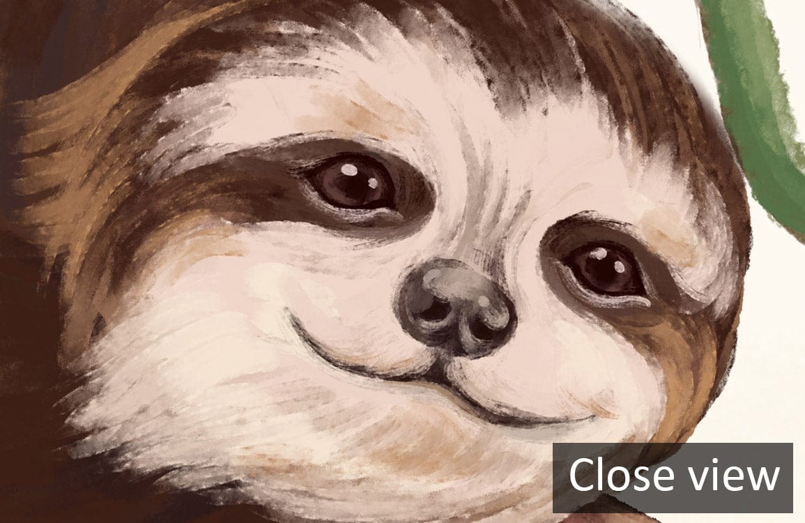 Close-up of Charming Woodland Sloth Mural in earthy tones for children's rooms, playful animal design.