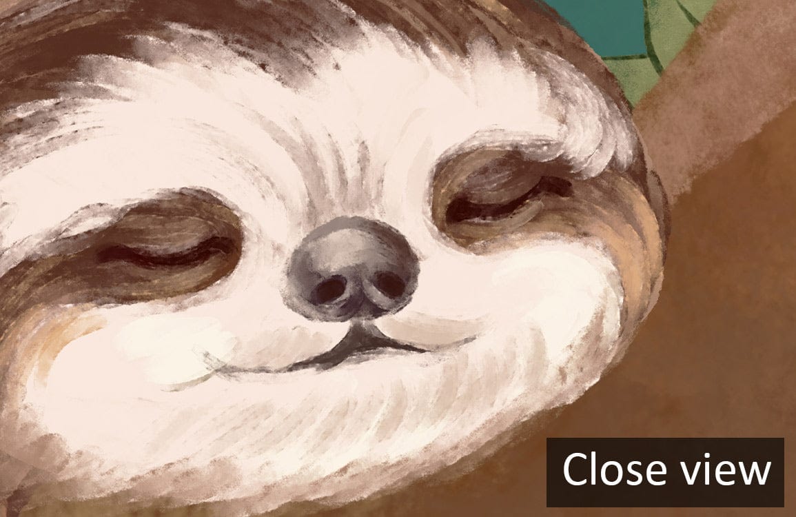 Close-up of delightful Enchanting Sloth Jungle Mural Wallpaper - moonlit greenery design features sloth illustration.