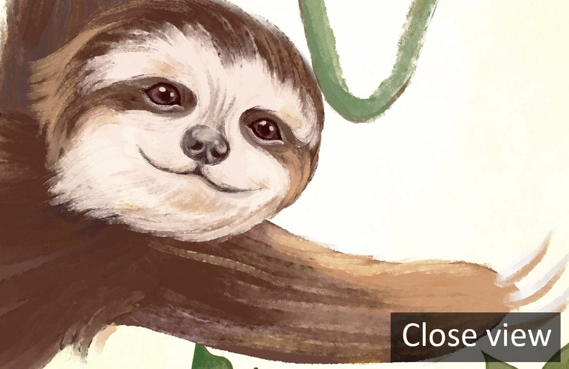 Close-up of Enchanting Sloth Jungle Mural wallpaper, showcasing playful sloth amidst moonlit greenery design.