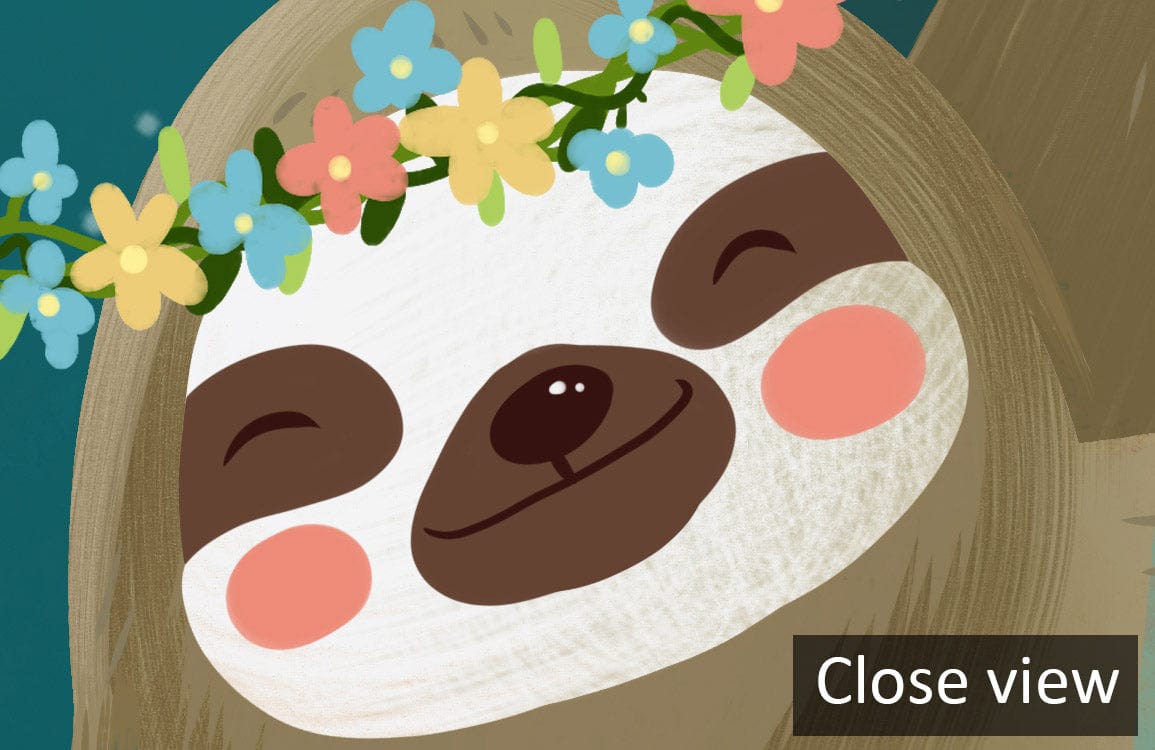 Close-up of Whimsical Jungle Adventure Mural wallpaper featuring a cheerful sloth with flower crown.