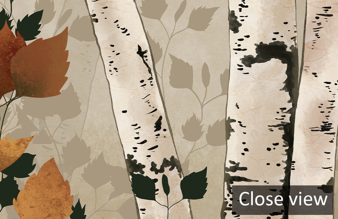 Close-up of birch forest mural wallpaper in earthy tones, with autumn leaves pattern and textured detail.