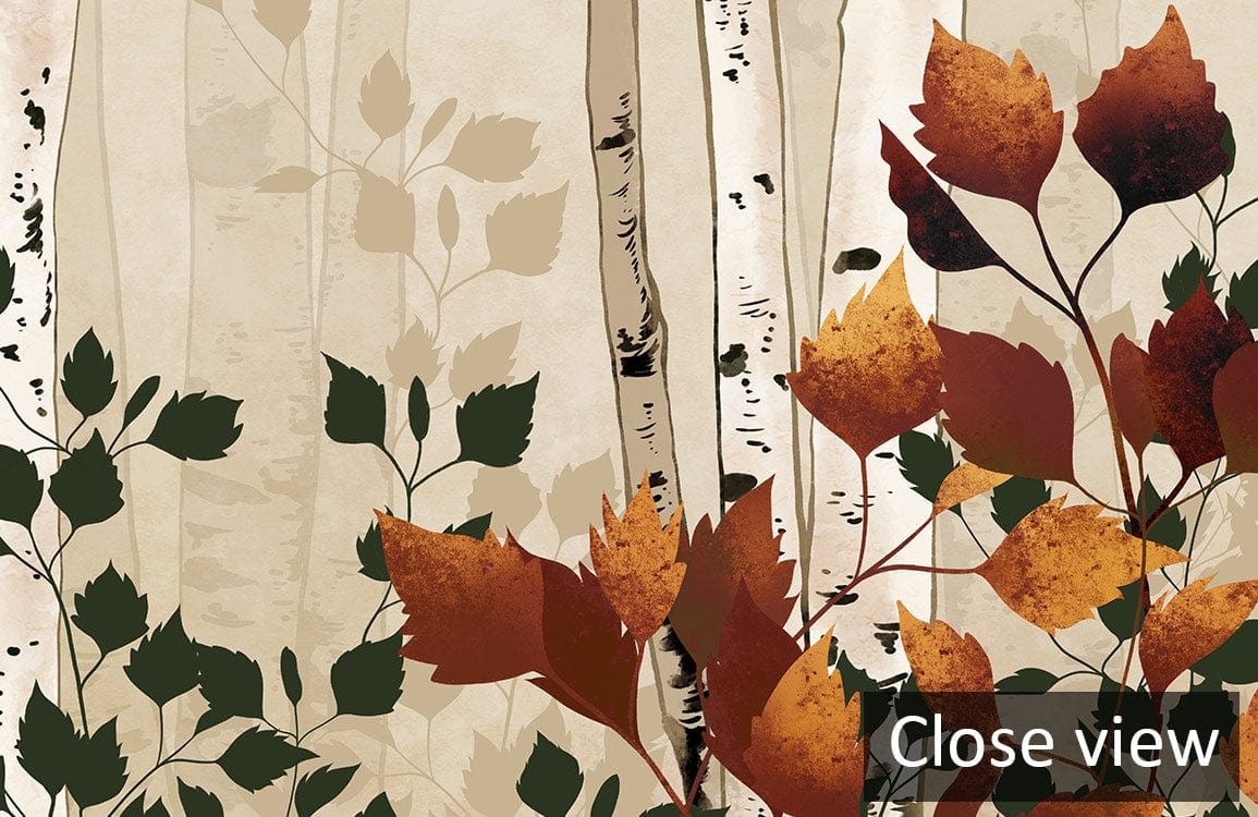 Close view of Autumn Birch Tree Forest mural in warm earth tones, featuring vibrant leaves design.