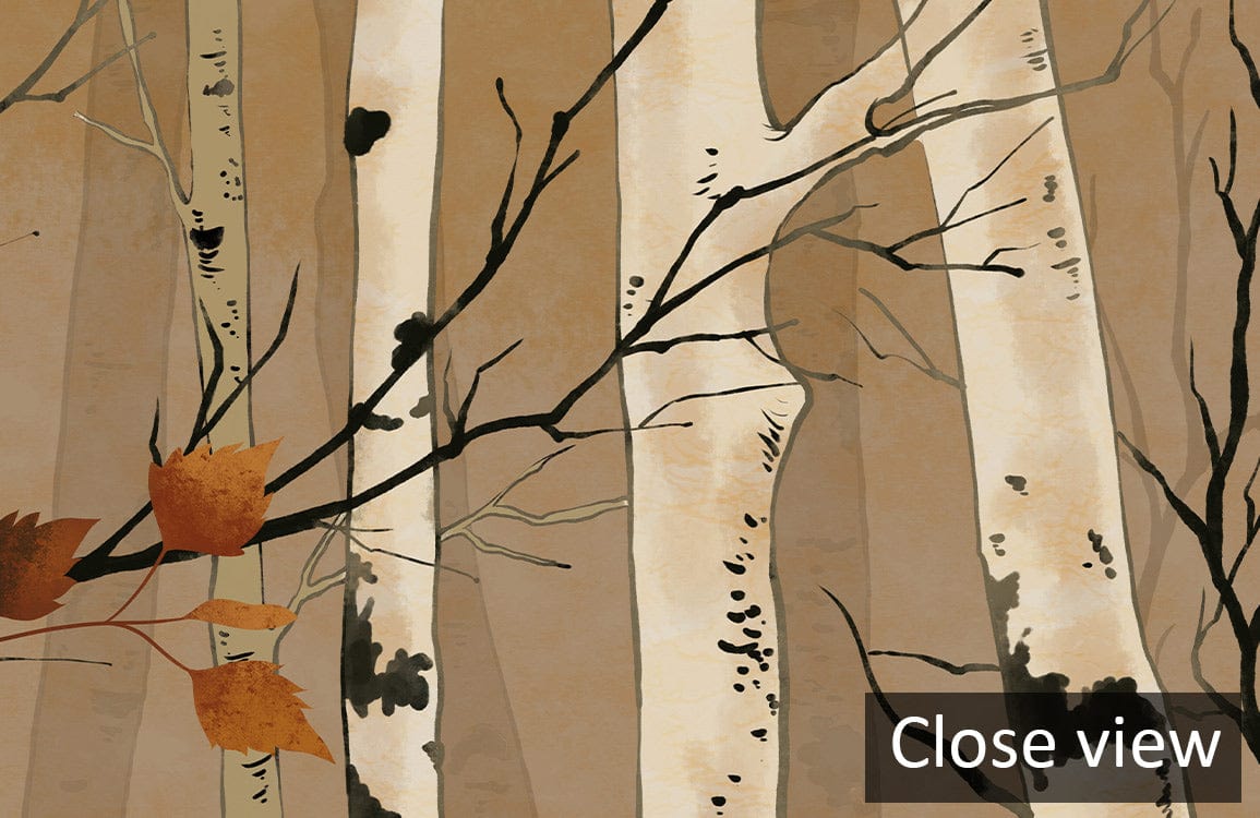 Close-up view of Autumn Birch Forest Mural Wallpaper, showcasing warm earthy tones and intricate birch details.