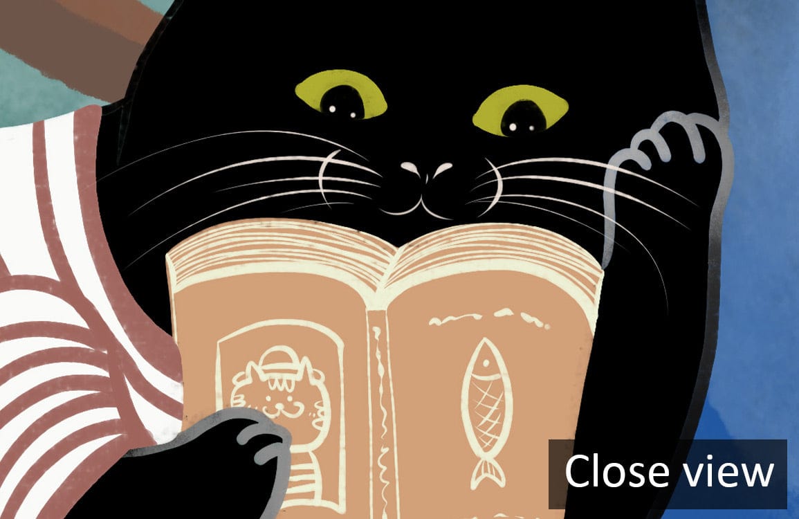 Close view of cat in Whimsical Woodland Adventure Mural Wallpaper, pastel fantasy landscape design.