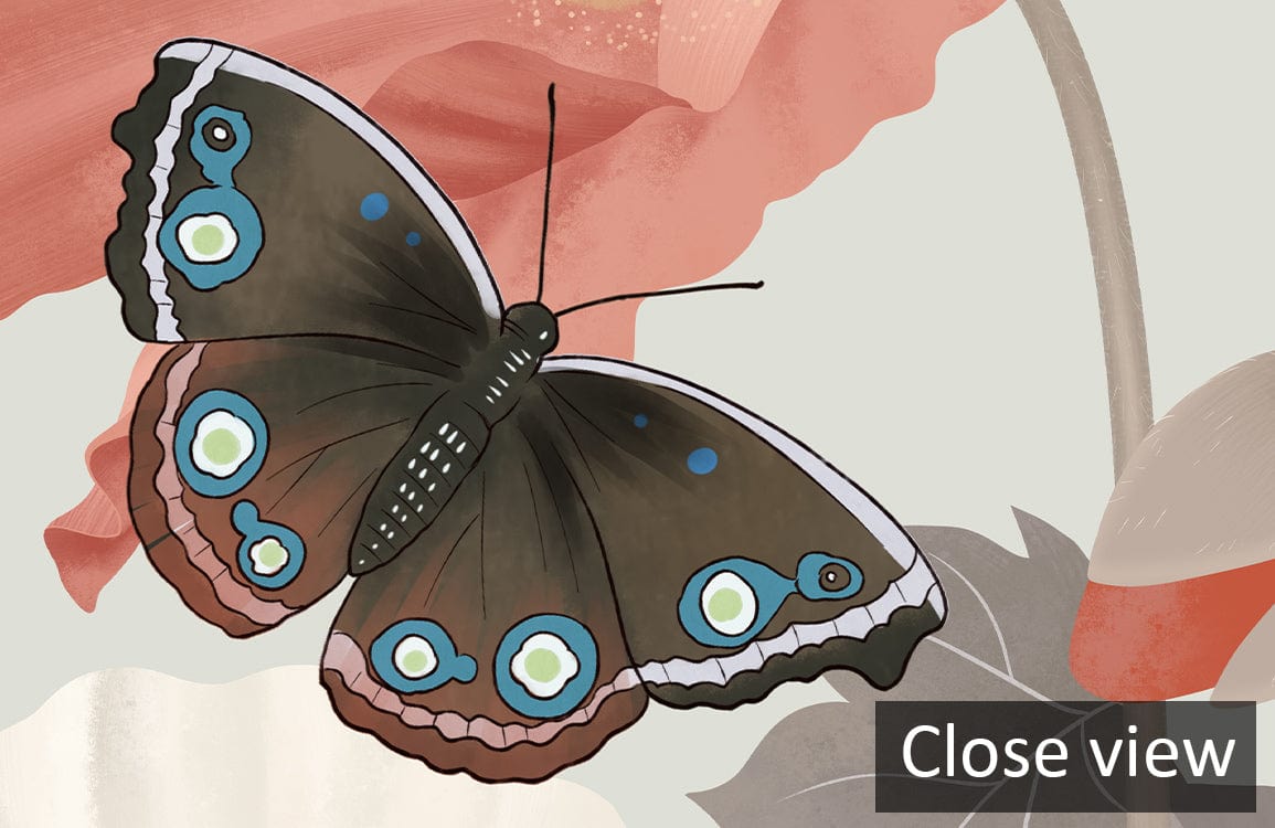 Whimsical Butterfly and Poppy Wallpaper in Soft Pastels, close-up view, detailed floral pattern.