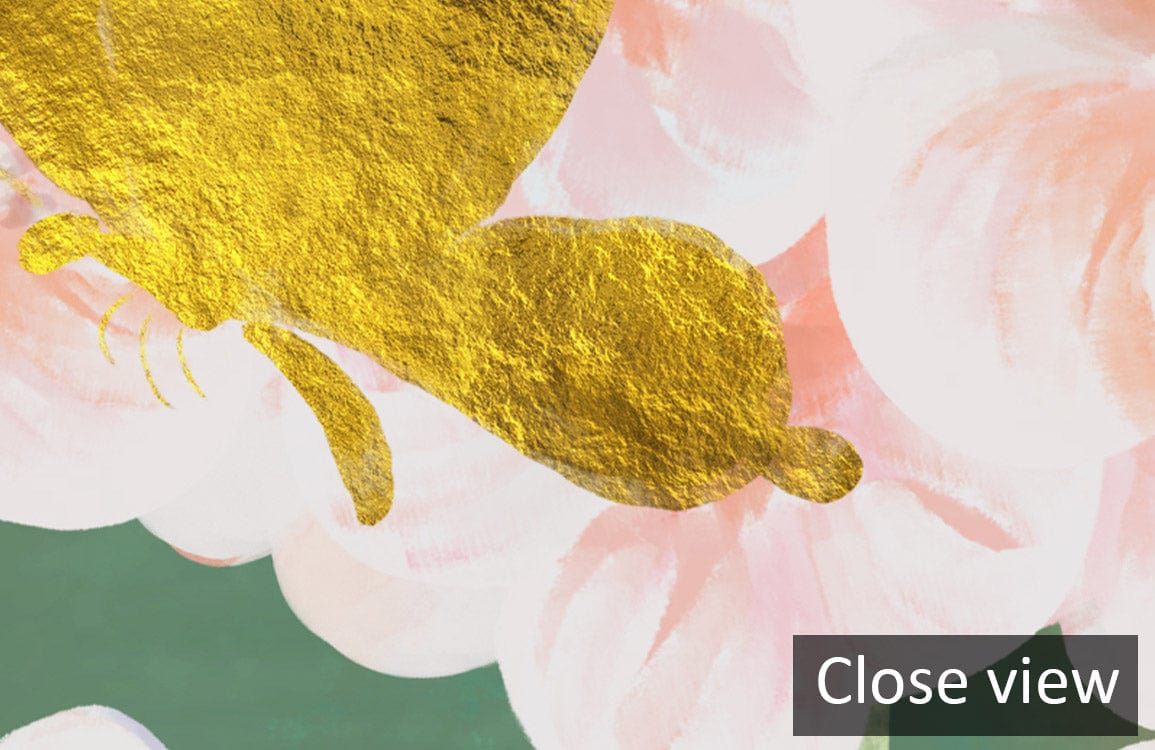 Close view of Blossoming Sakura and Golden Butterflies Teal Mural Wallpaper, featuring elegant floral details.
