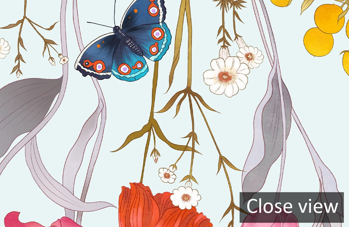 Floral Harmony abstract mural wallpaper close-up featuring butterflies and flowers in pastel hues.