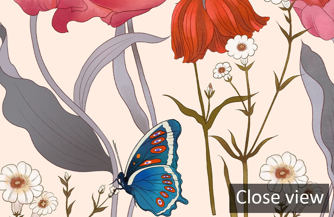 Close view of vintage floral garden wallpaper shows red poppies, butterflies, and decorative flowers.