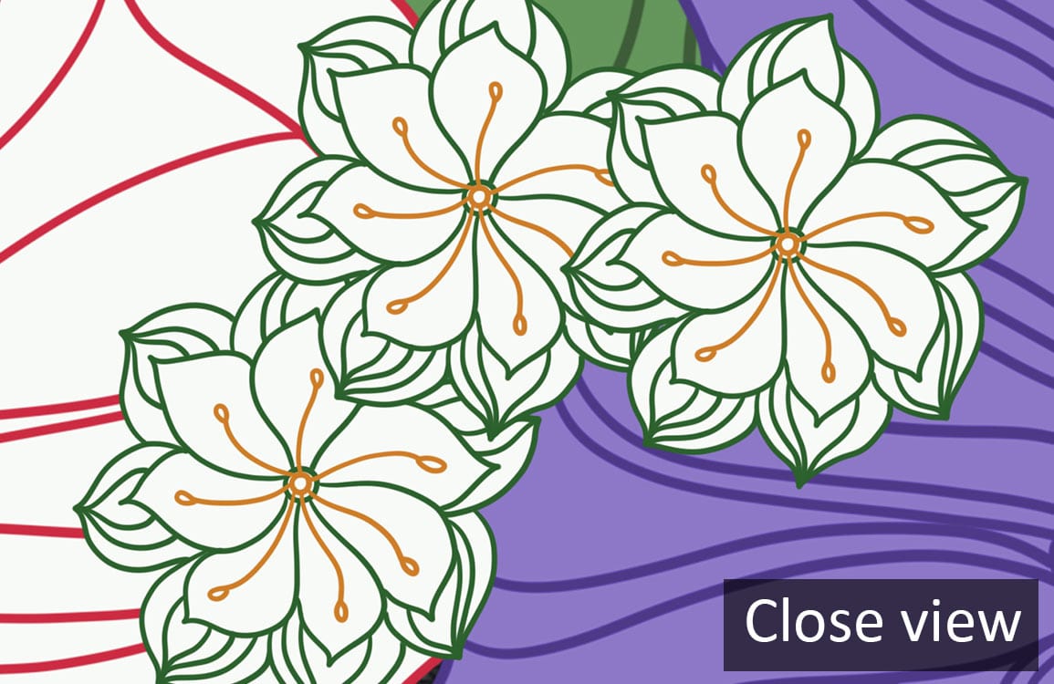 Close-up of vibrant multicolour floral wallpaper, artistic garden design, featuring intricate flower details.