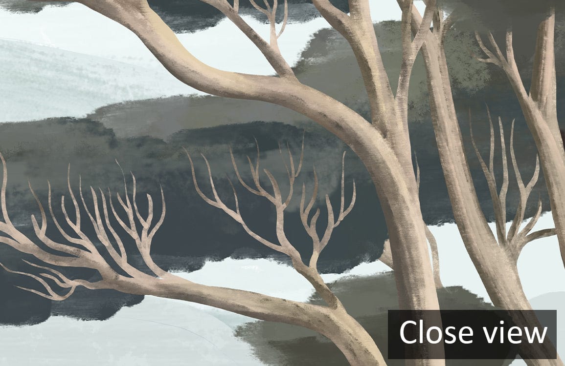 Close-up of Tranquil Evergreen Landscape Mural Wallpaper; serene countryside scene in soft hues.