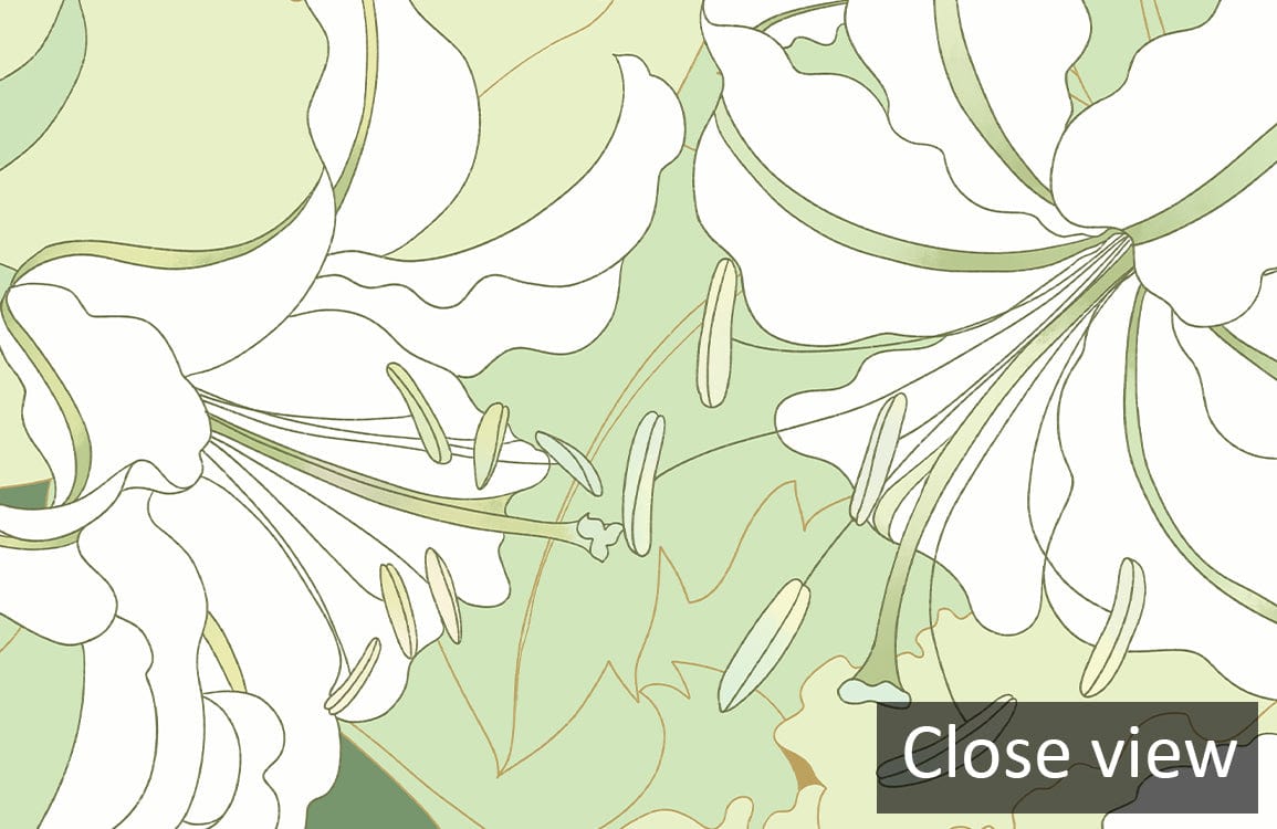 Close view of soft green and white vintage lily pattern wallpaper, elegant floral design alt text.