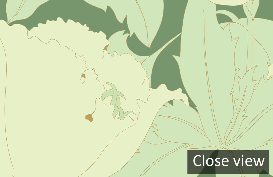 Sage Green Floral Pattern Wallpaper, botanical design; close-up view, elegant style for sophisticated interiors.