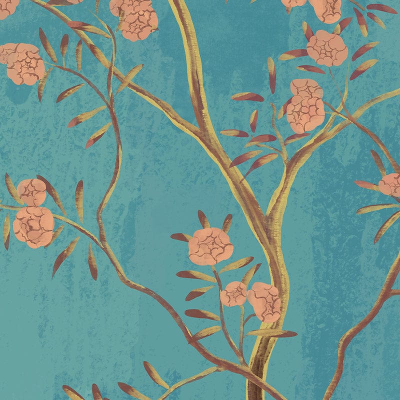 Elegant turquoise floral mural wallpaper with birds, pink blossoms; vibrant wall decor in any room.