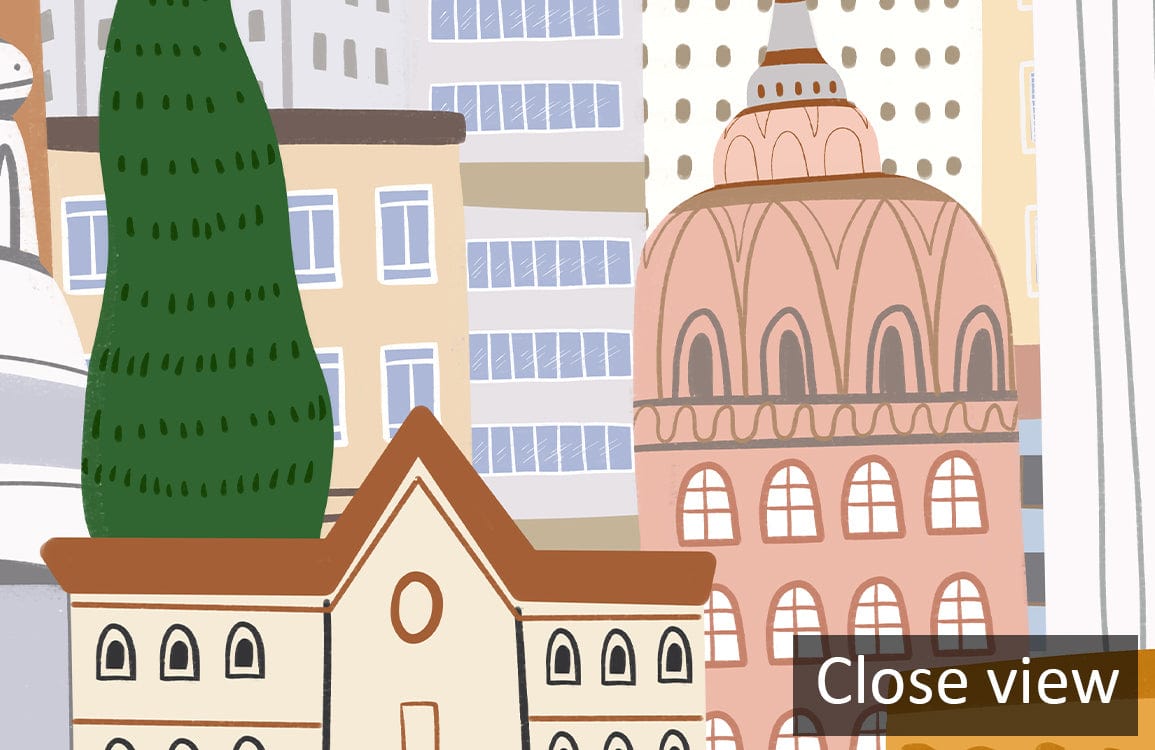 Urban Cityscape Mural Wallpaper, warm earth tones, architectural design, illustrated buildings, close-up detail view.