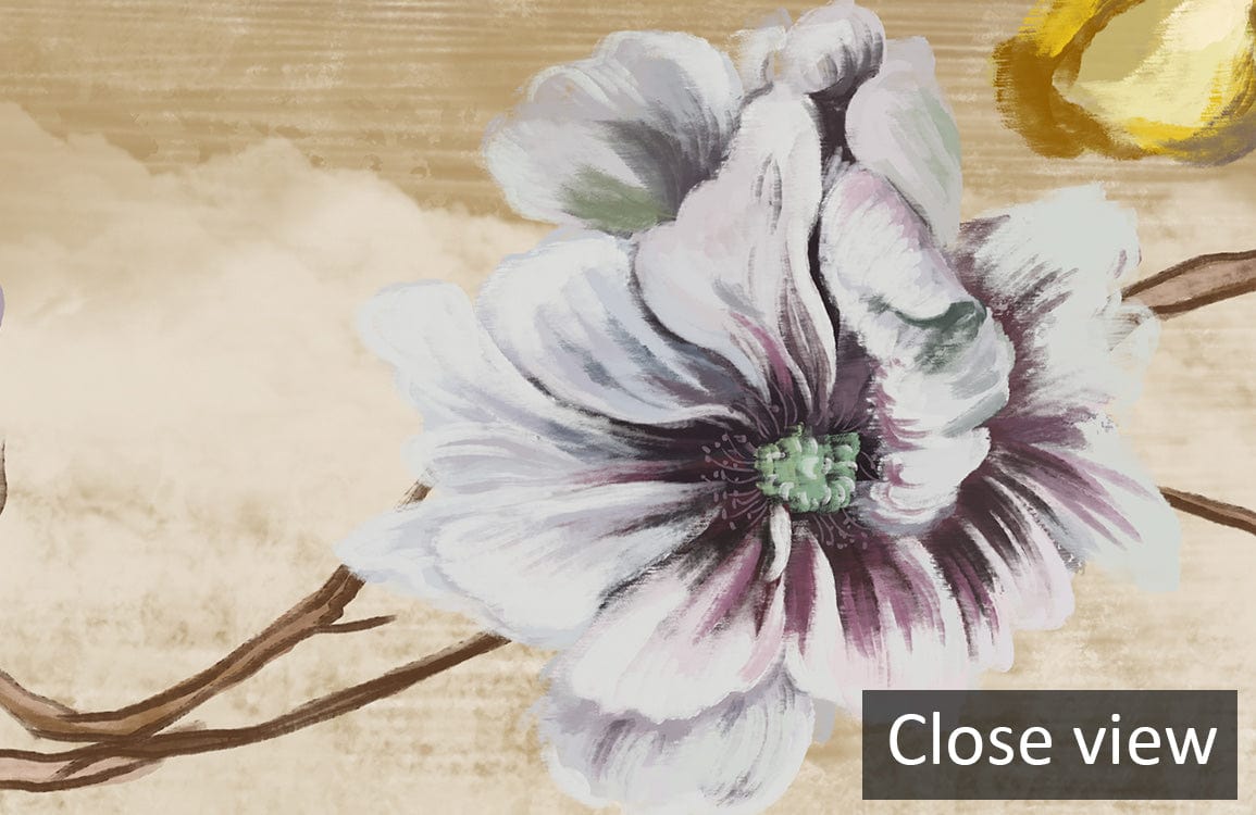 Close view of vibrant floral mural wallpaper with earth tones and branch design, elegant vintage style.
