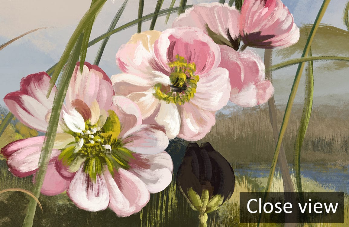 Close-up of floral design on Pastoral Haven Mural Wallpaper, featuring soft pastel colours.