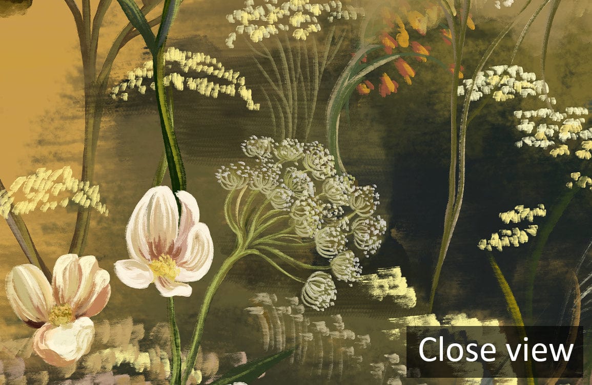 Close-up of Tranquil Vintage Nature Mural Wallpaper with floral patterns in earthy and pastel tones.