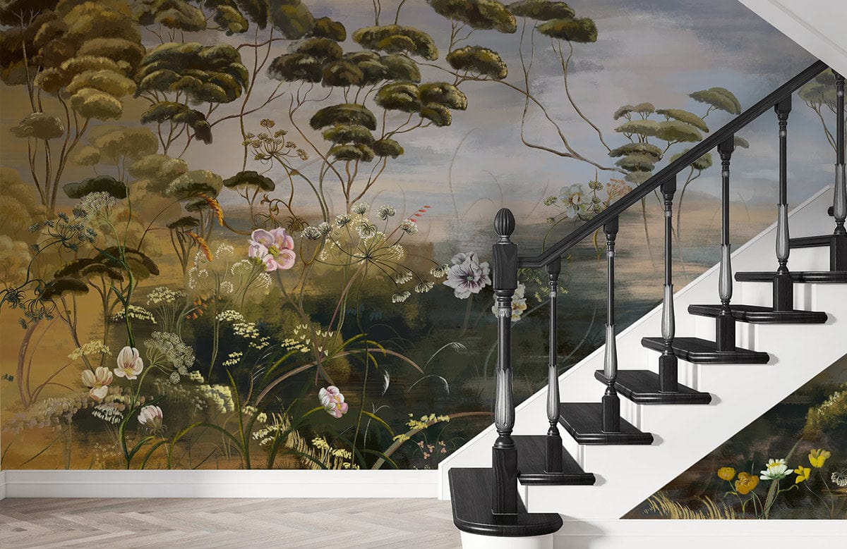 Tranquil vintage nature mural wallpaper on staircase wall, earthy pastel tones, black railings, light flooring.