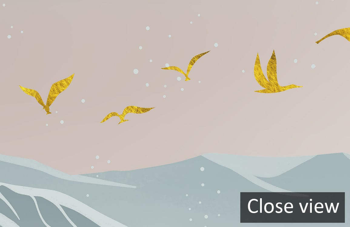 Golden birds on Tranquil Mountain Vista Mural Wallpaper - Misty Blue Nature Landscape Design, close view.