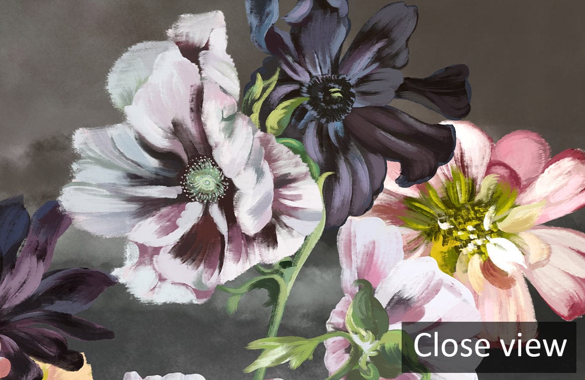Floral Fantasy Mural Wallpaper: Pastel Flowers with Moody Skies, Dreamy Art Decor, Close-up View.