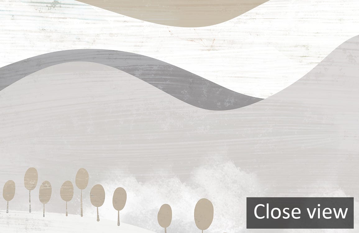 Neutral mountain landscape mural wallpaper with serene tones for tranquil living room spaces, close view.