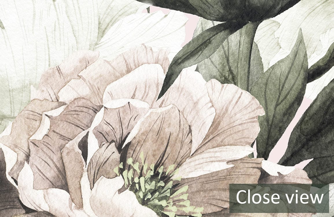 Close-up of Vintage Floral Blossom Mural Wallpaper showcasing pastel botanical garden design in soft hues.